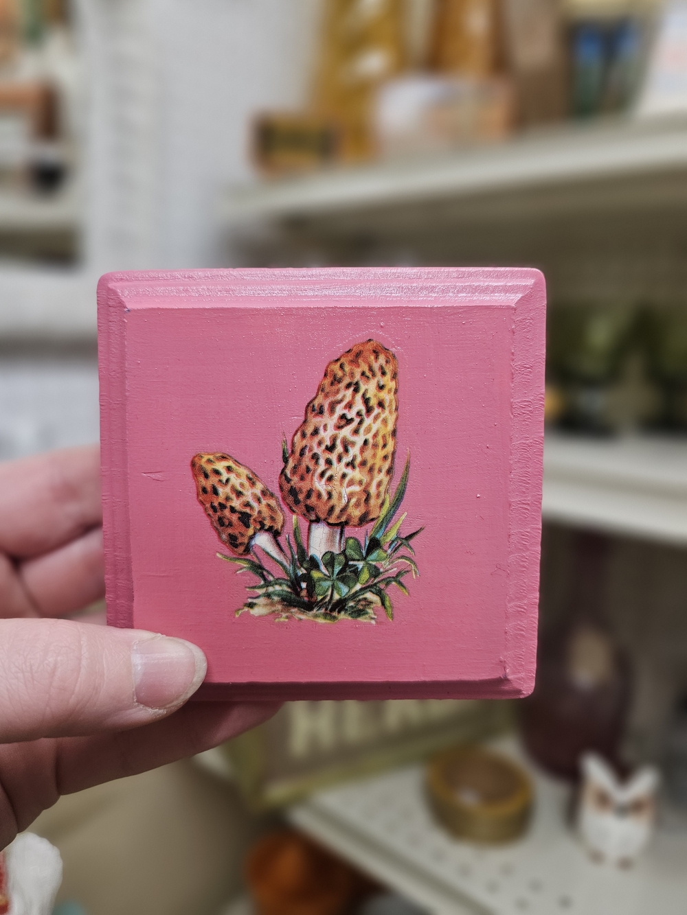 Handmade Vintage Style Mushroom Pink Painted Wood Plaque Wall Art 70s Groovy
